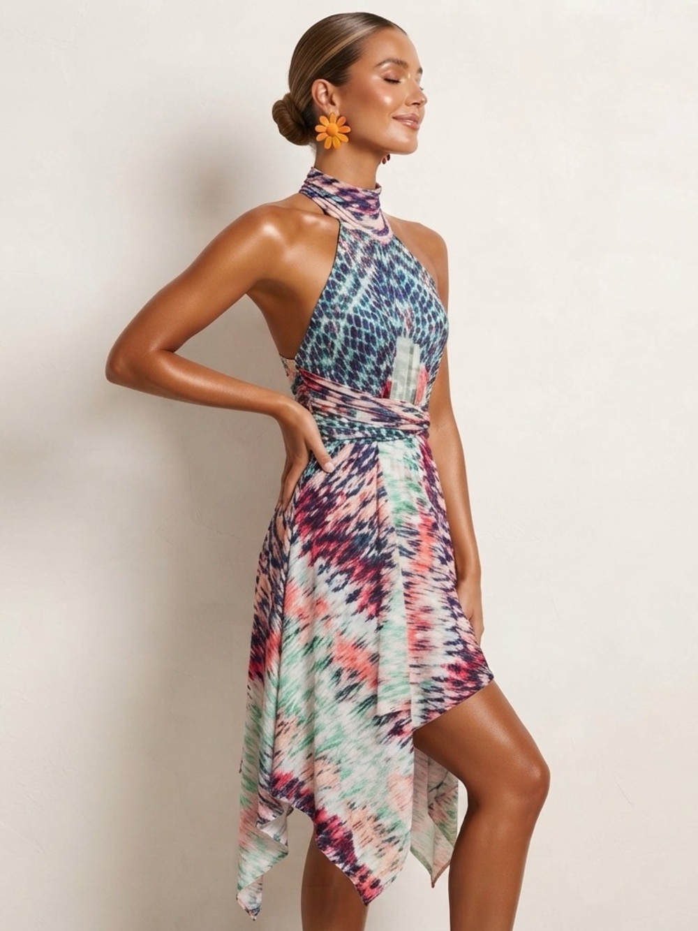 Fifilles Paris Asymmetrical Halter Abstract pattern Dress in Pink and Blue.